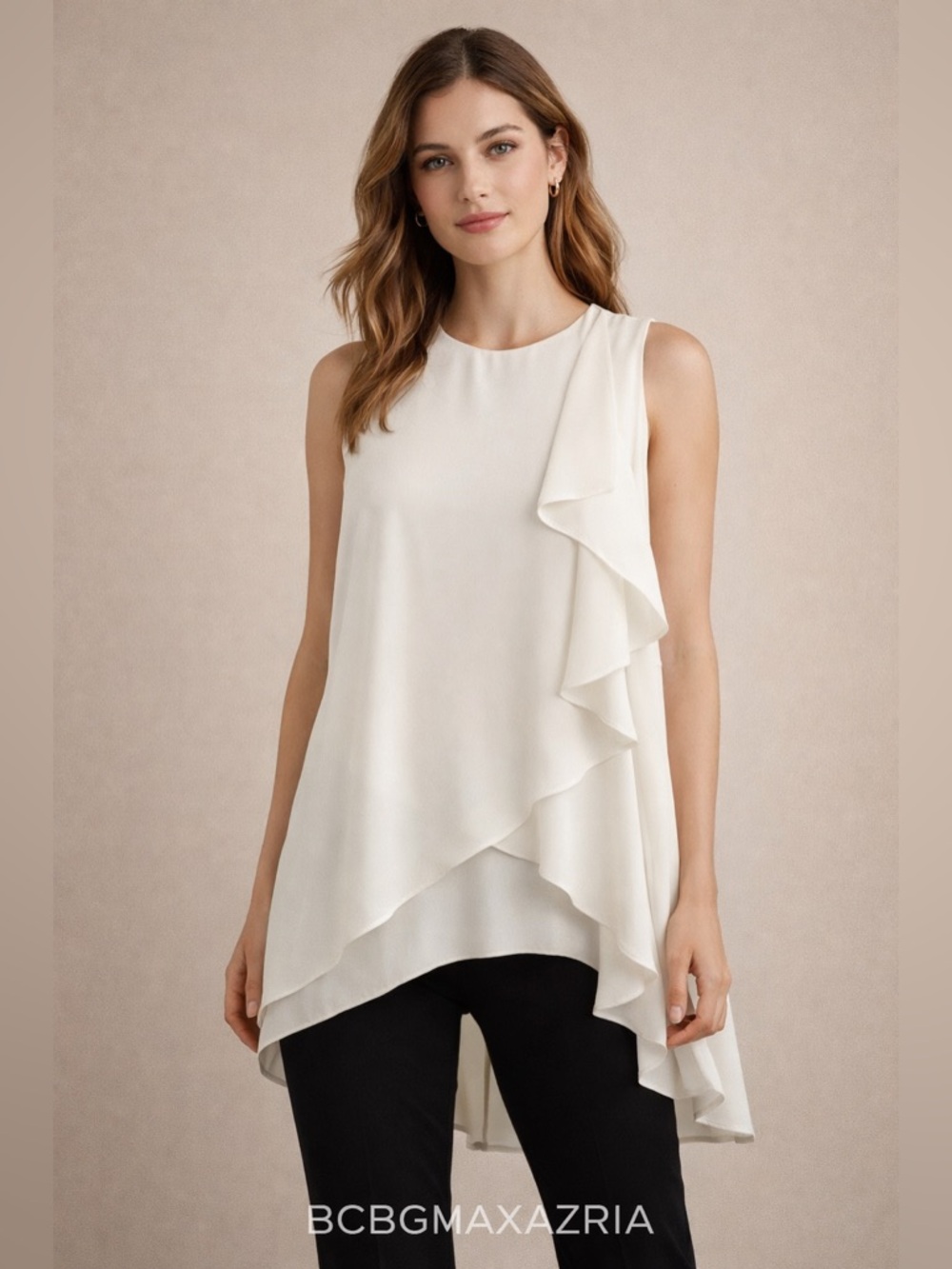 BCBG Max Azria Asymmetrical Ruffle Sleeveless Blouse